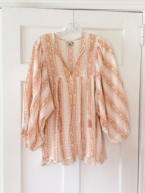 Peach & Cream Striped Boho Peasant Blouse